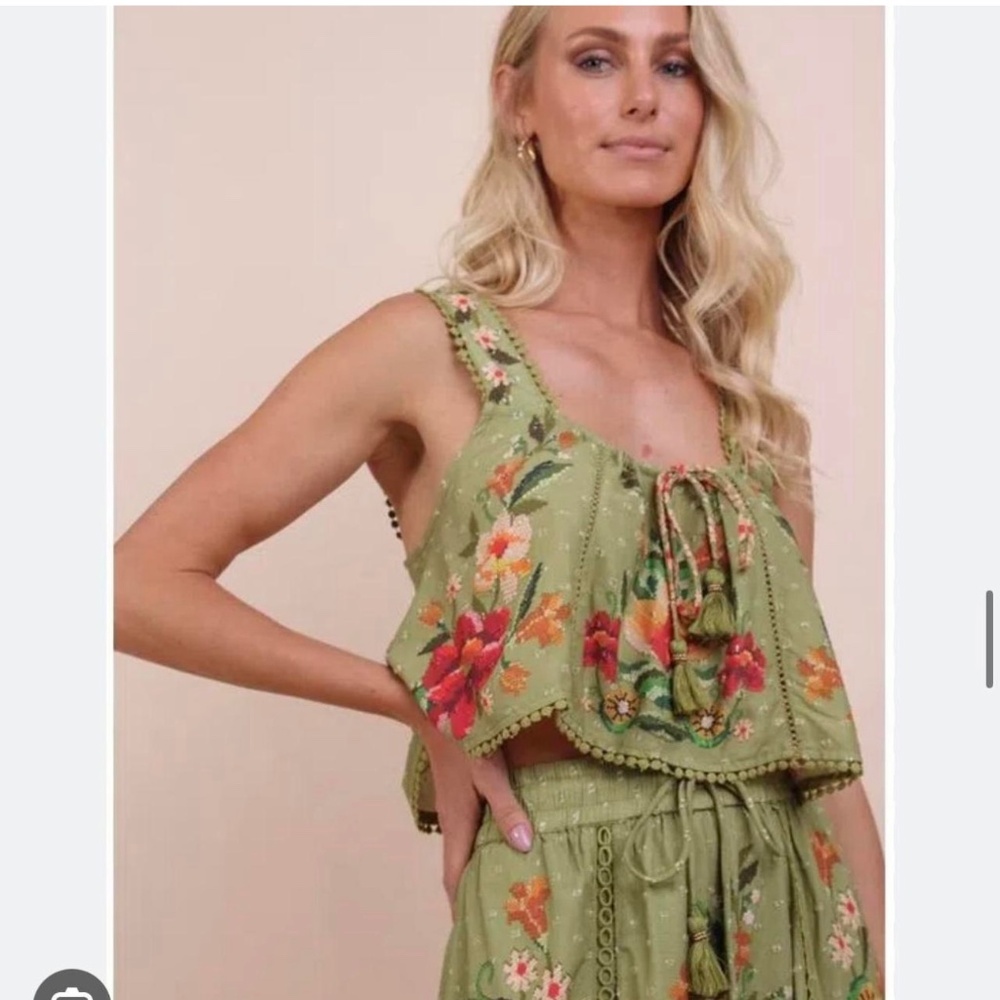 Farm green crop cross stitch printed top